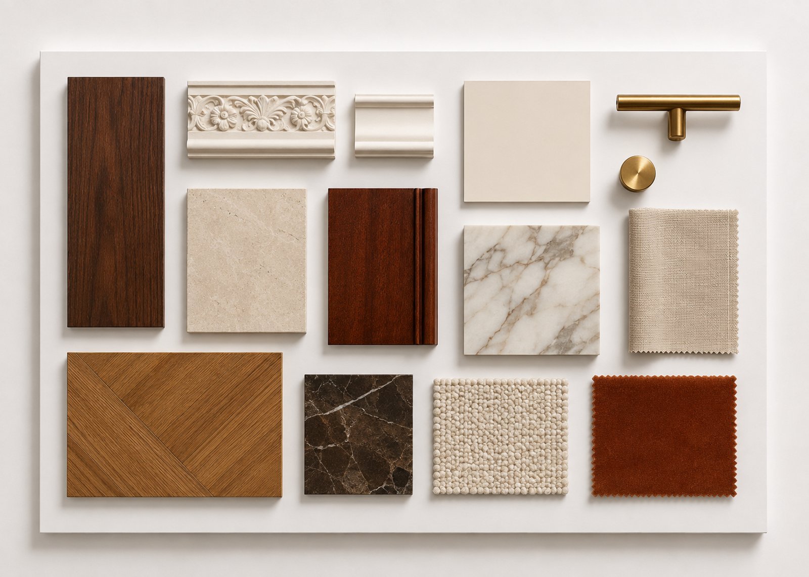 Planche d'ambiance et matériaux du projet — bois, marbre, laiton, textiles camel