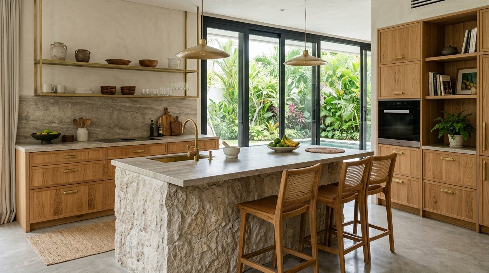 Cuisine en bois ouverte sur le jardin