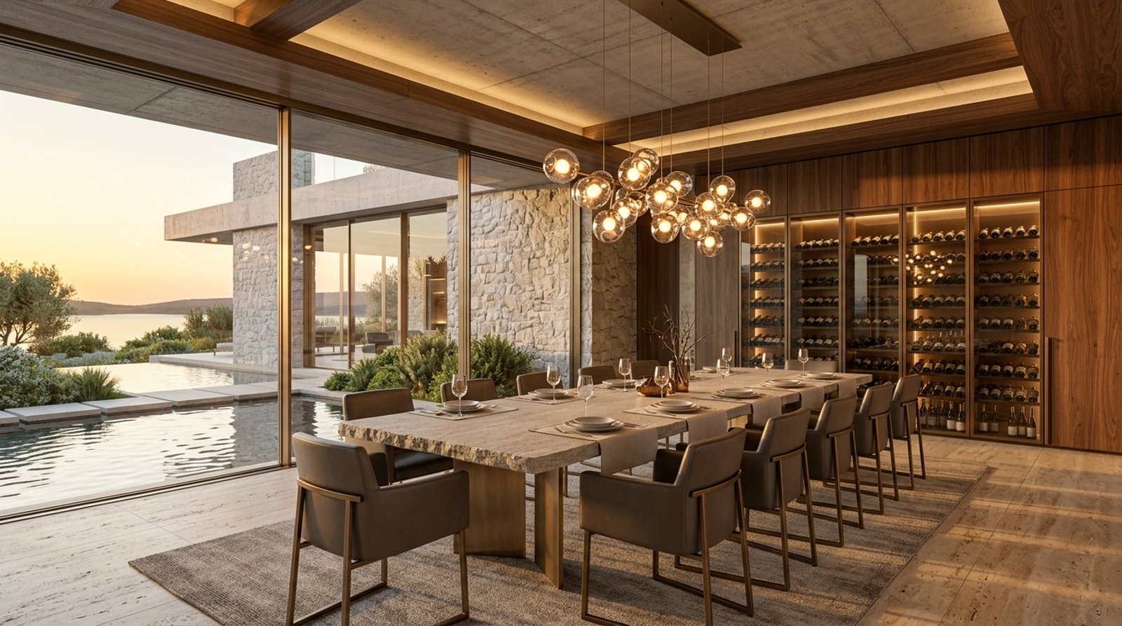 Salle à manger et cave à vin ouvertes sur l'eau