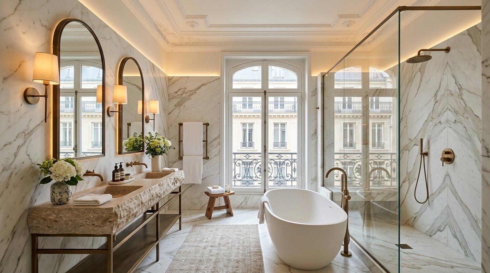 Salle de bain en marbre, fenêtre parisienne