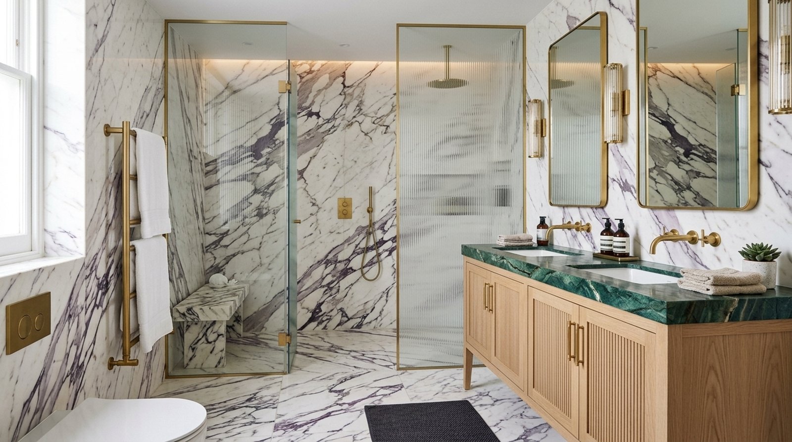Salle de bain en marbre Calacatta Viola et marbre vert
