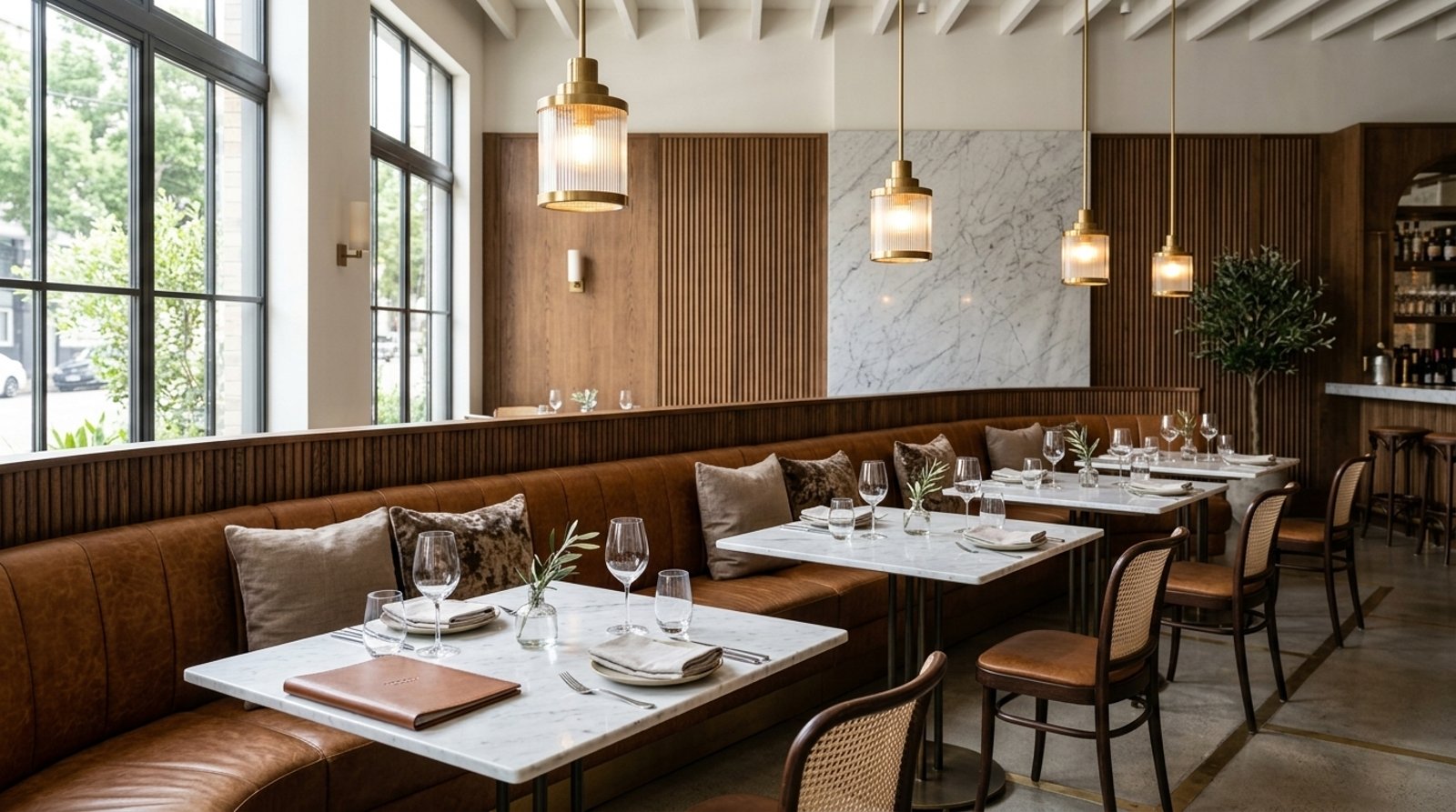 Restaurant aménagé — banquettes et marbre