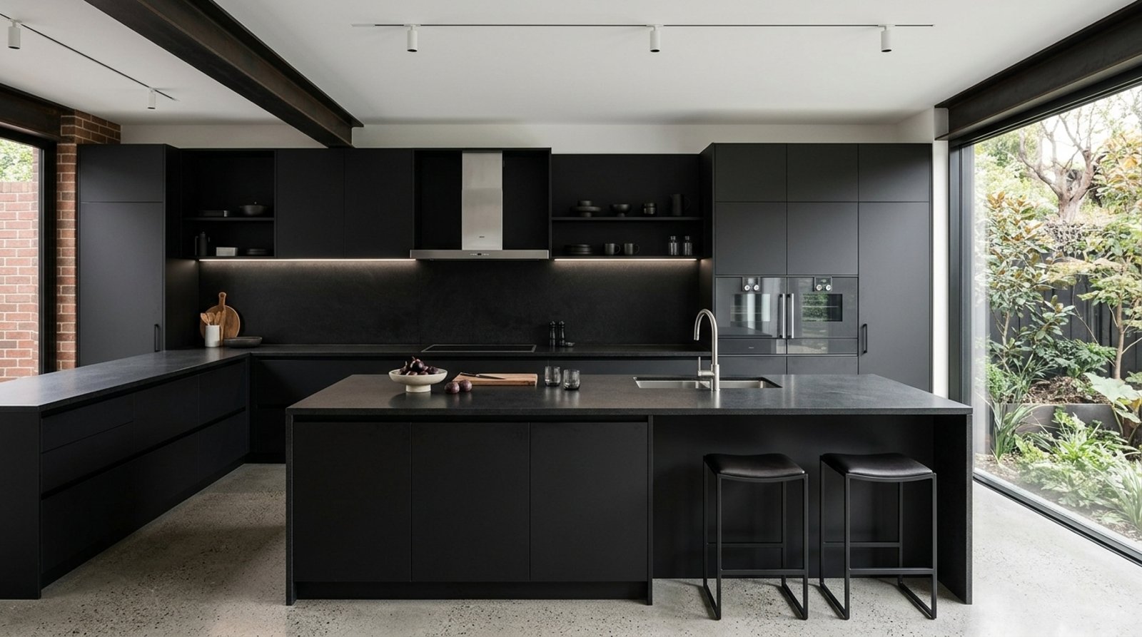 Cuisine contemporaine noire dans un loft en brique